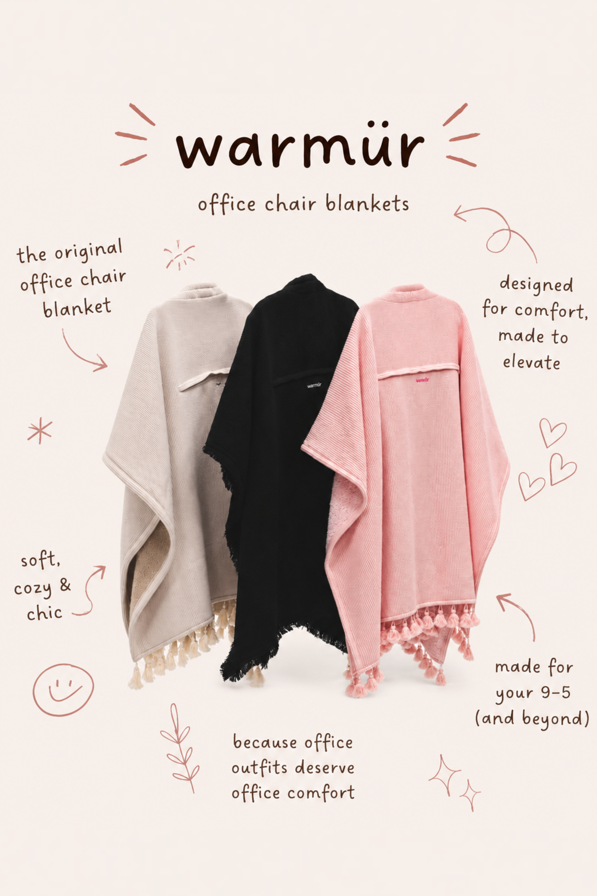 Warmür office chair blanket snapped onto a chair, hidden zipper and button straps for a snug, hands-free fit