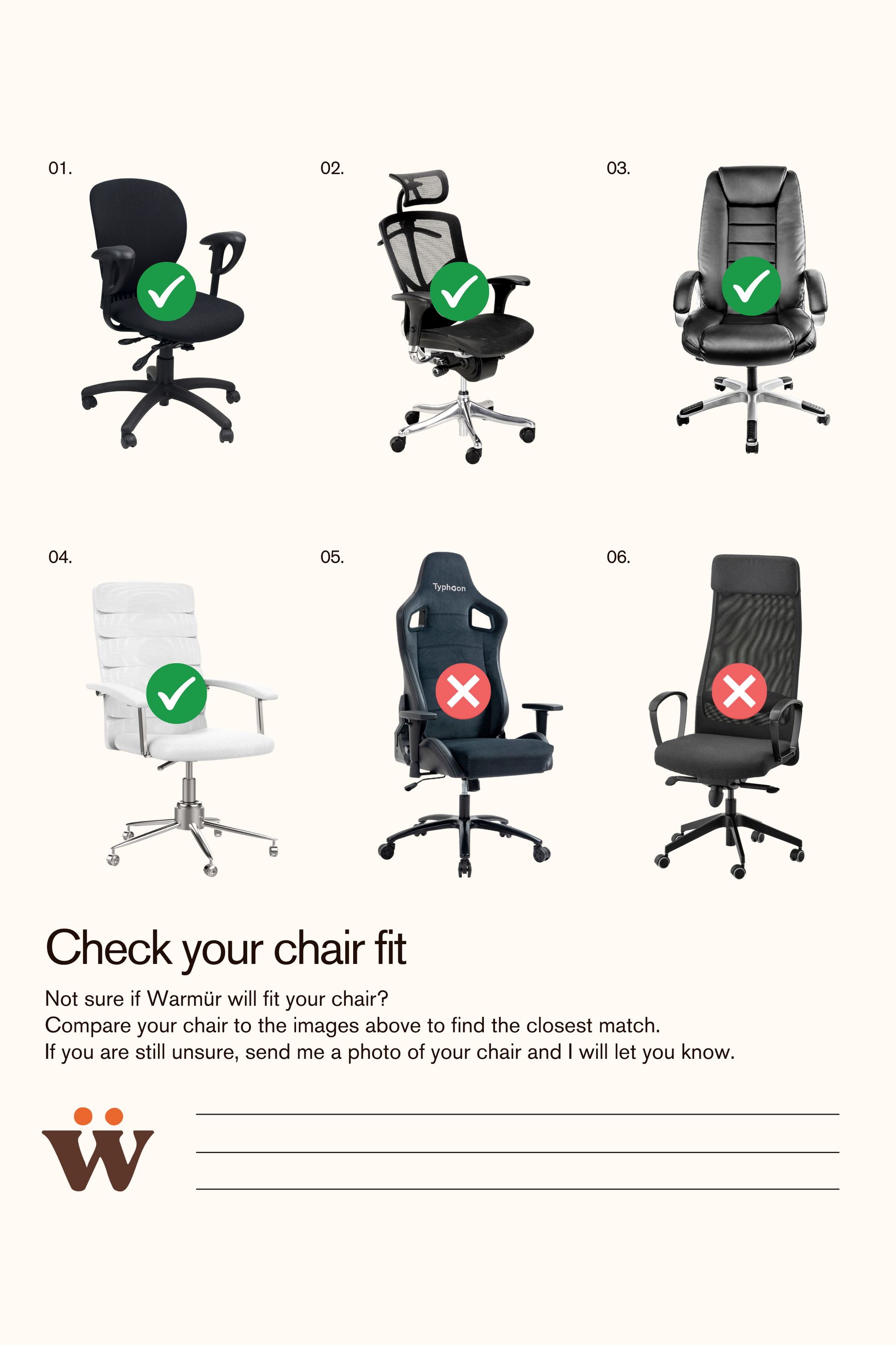 Visual guide of office chair styles showing how to check if a Warmür blanket will fit your chair.