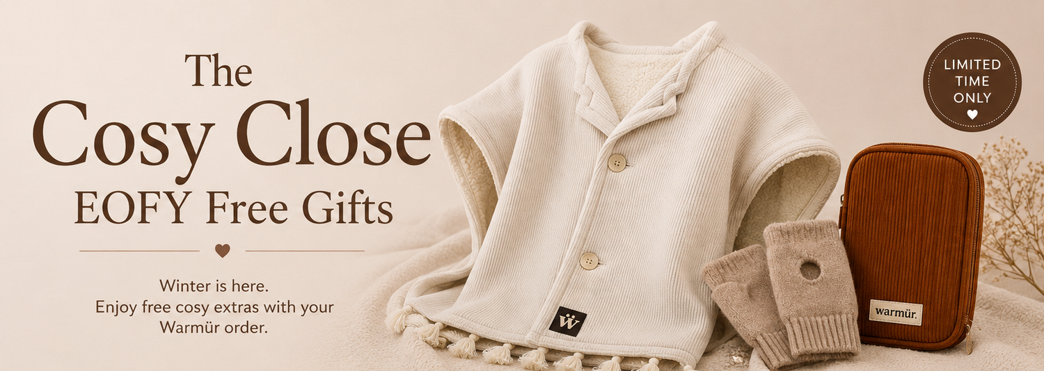 Promotional graphic for 'The Cosy Close' EOFY free gifts with warmers and accessories.