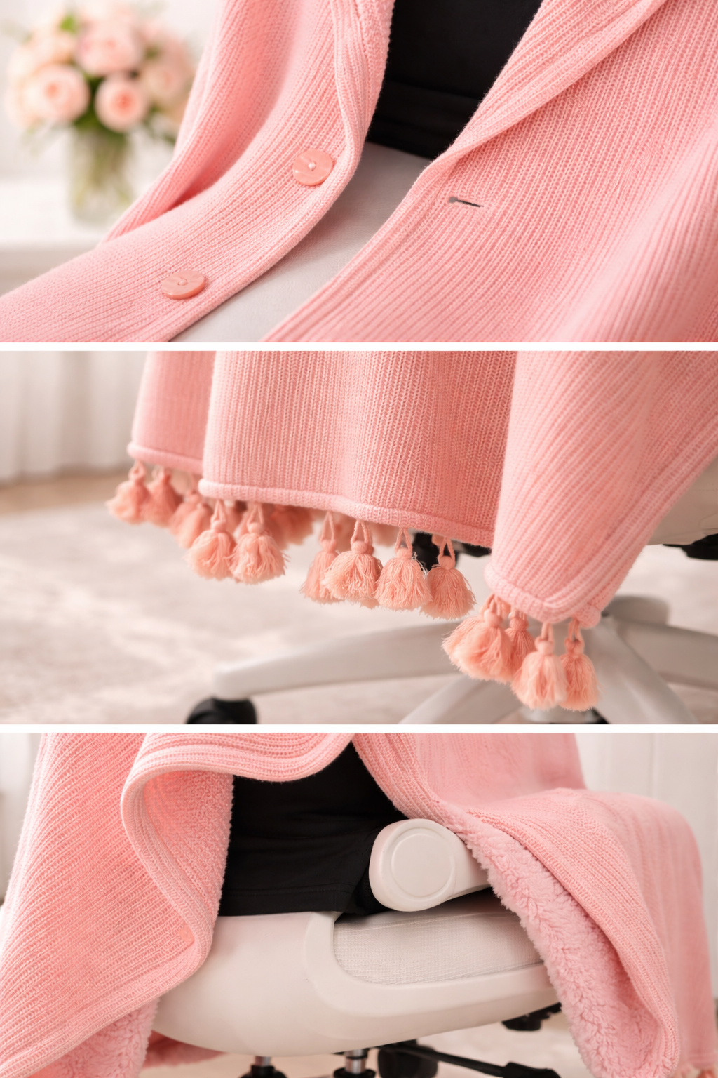 Front closure buttons, pink tassels, secures over armrests