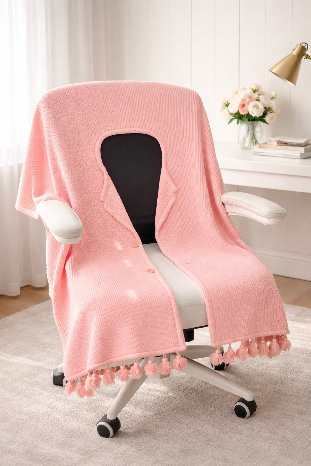 Pink office chair blanket in a home office setting for those who work from home