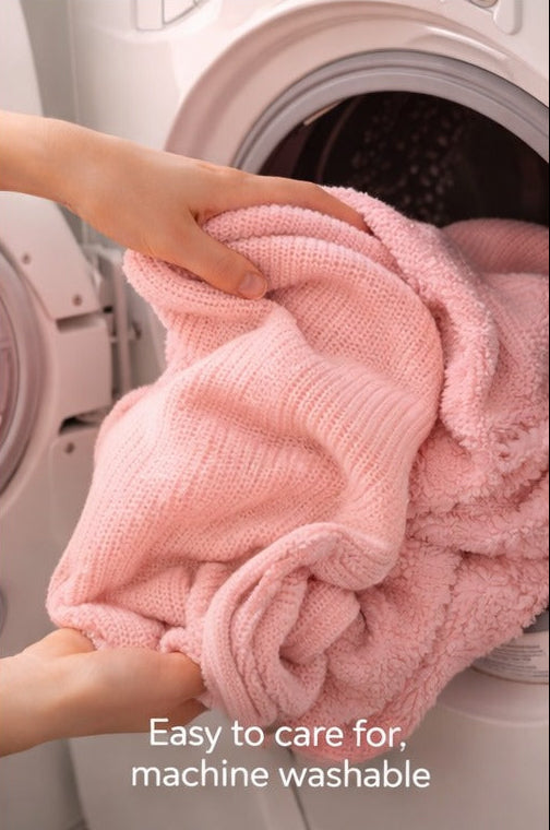 showing that the pink warmur is machine washable